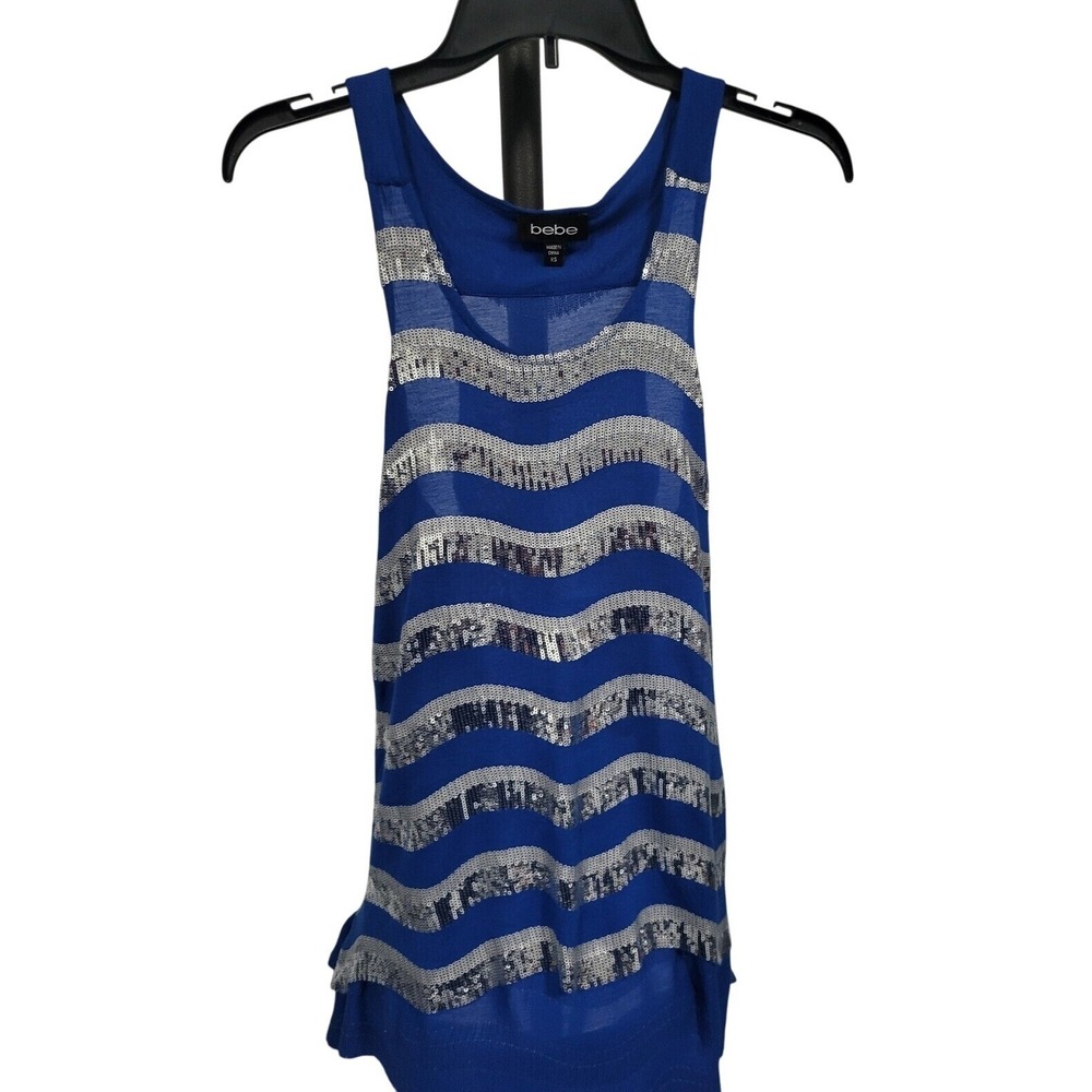 Bebe Sequin Tank Top Blue Silver Sleeveless Party Top XS